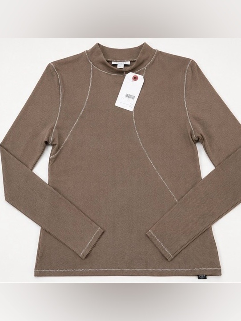 Topshop Taupe Ribbed Mock Neck Contrast Stitch Long Sleeve Top | Size M US 8–10